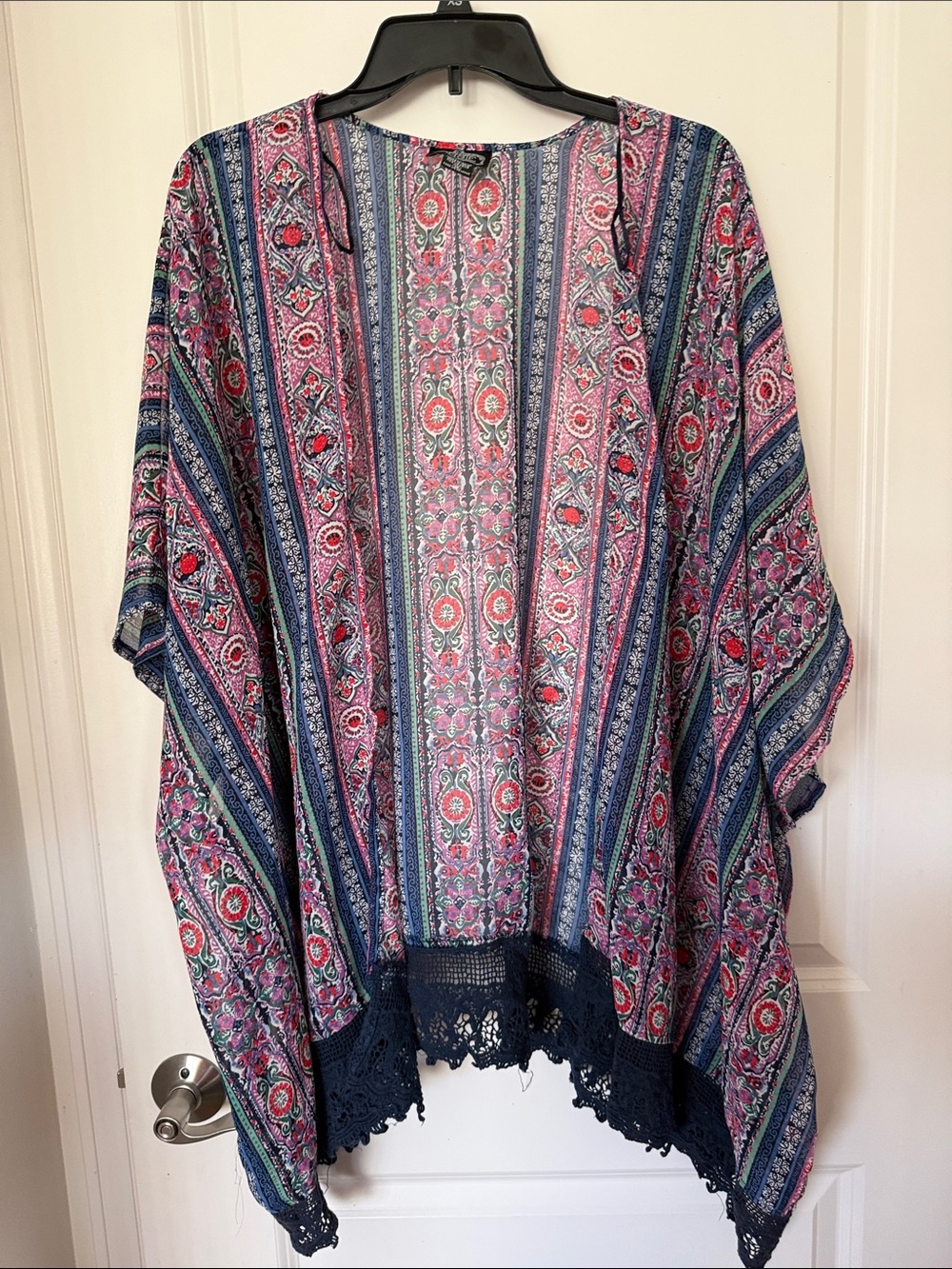 Angie Pink and Blue Floral Stripe Kimono with Navy Lace Trim